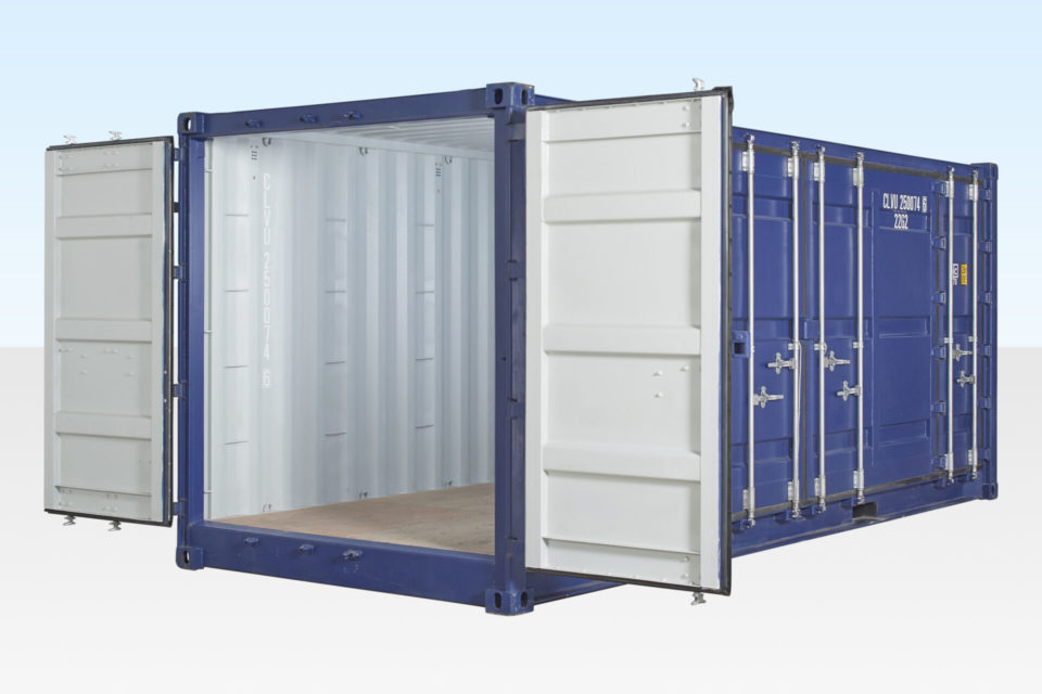 External View of New 20ft Open Sided Shipping Container with End Doors Open.