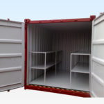 Chemical Storage Container. 10ft x 8ft. Doors Open showing Internal Shelving.