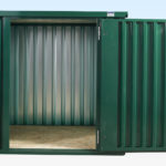 2m Flat Pack Storage Container. Green Powder Coated. Door Open.