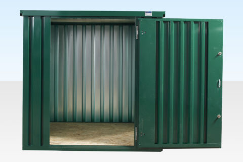 2m Flat Pack Storage Container. Green Powder Coated. Door Open.