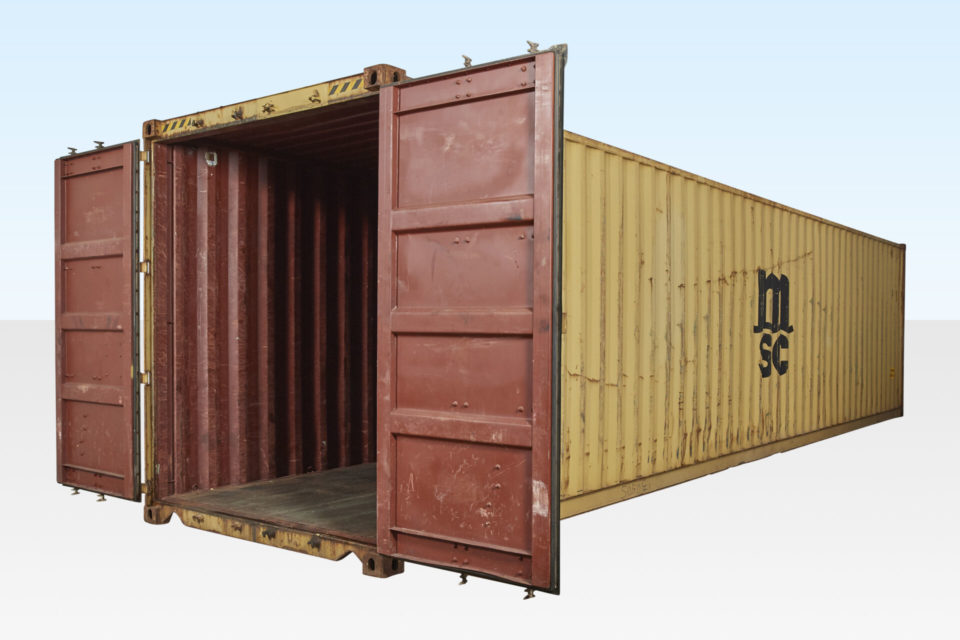 Used High Cube (2.9m Tall) Shipping Container. Doors Open. Internal View.