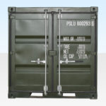 End View of 8ft Shipping Container. Doors Closed. Dark Green.