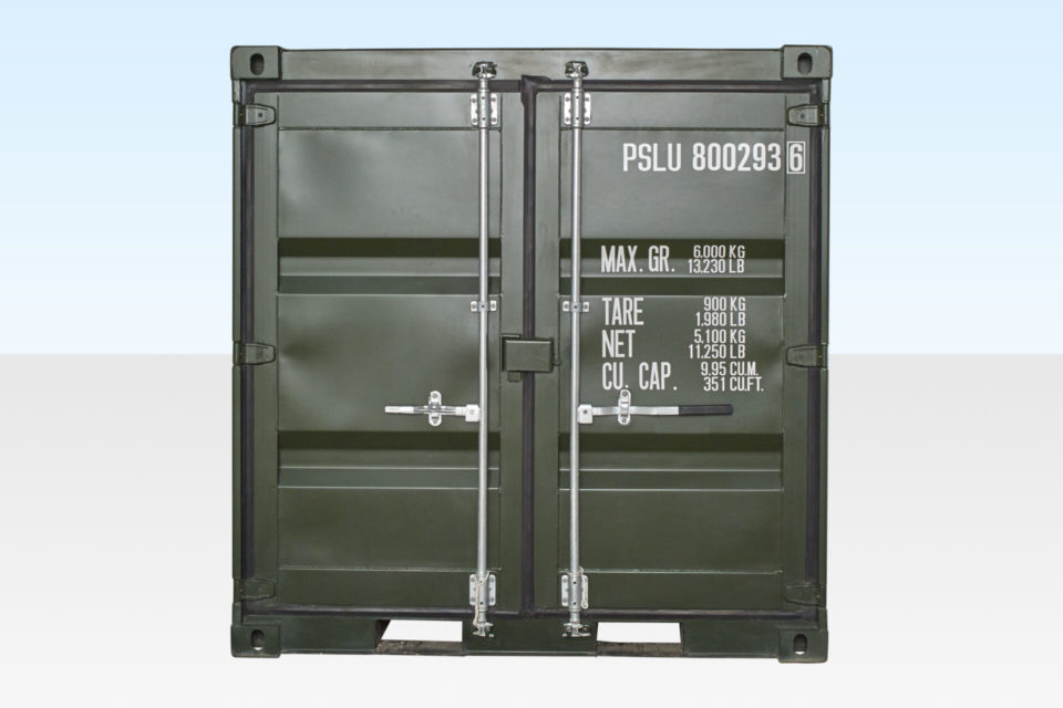 End View of 8ft Shipping Container. Doors Closed. Dark Green.