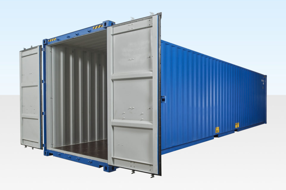 High Cube Shipping Container. 40ft Long. Doors Open.
