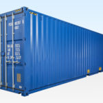 40ft High Cube Shipping Container. New. Blue RAL5013. Exterior View. Doors Closed.