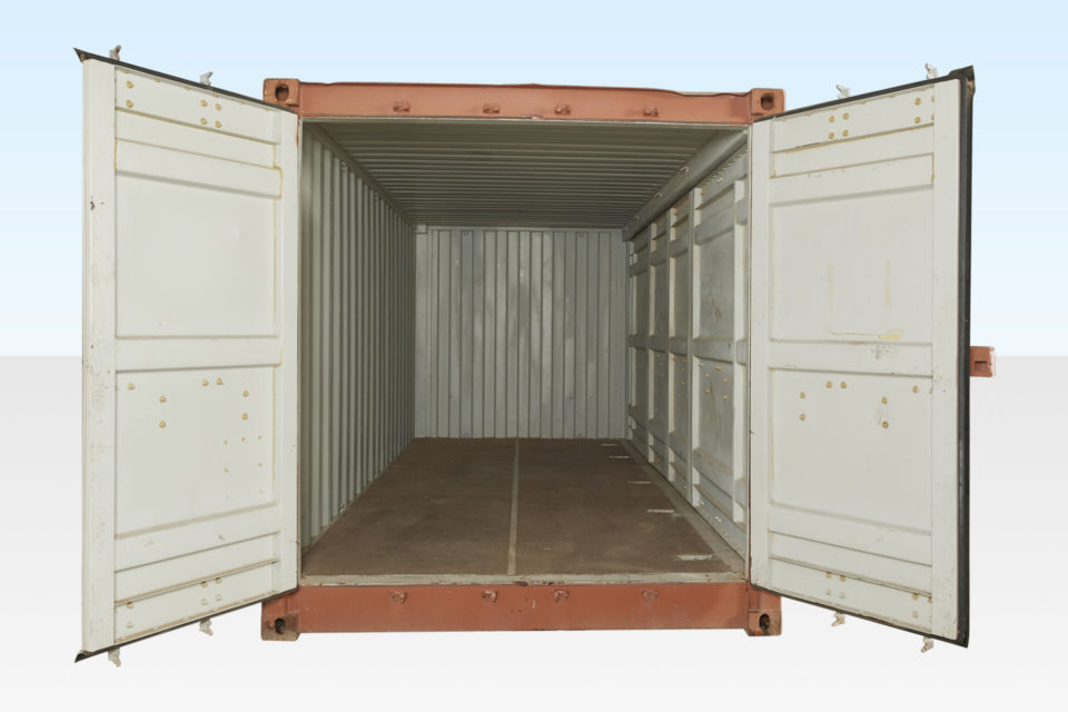 End View of Used 20ft Full Side Access Container. End Doors Open. Side Doors Closed.