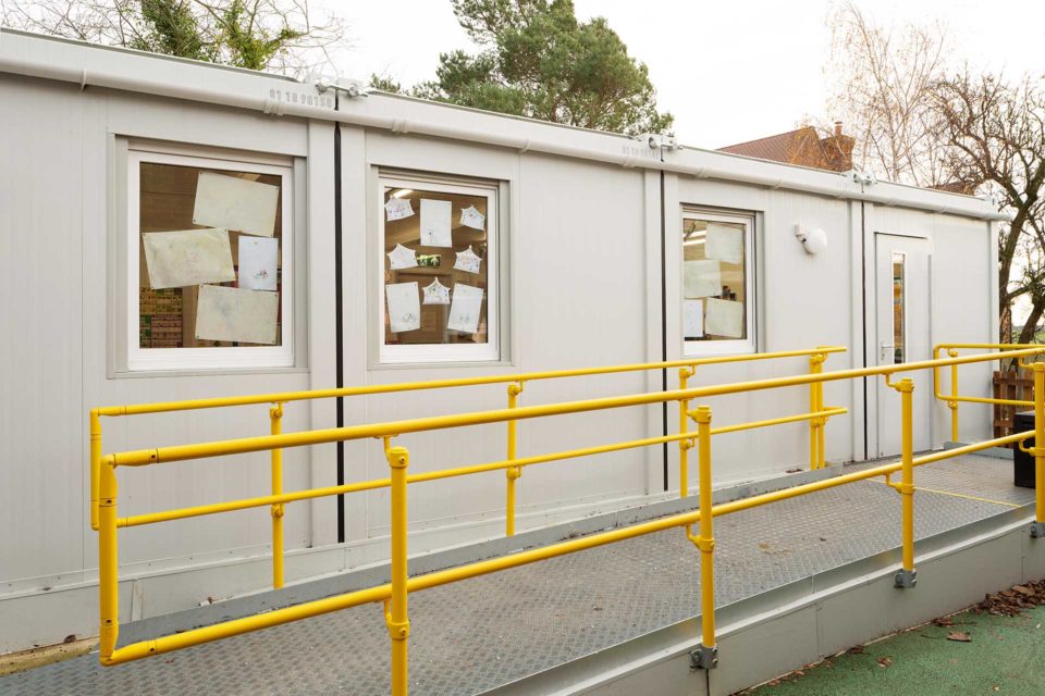 External view of modular classroom building at Creeting St Mary primary school