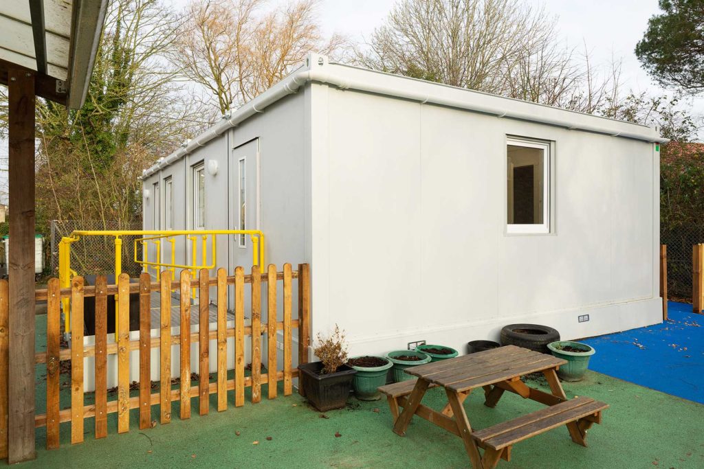 Rear view of new modular classroom building