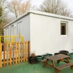 Rear view of new modular classroom building