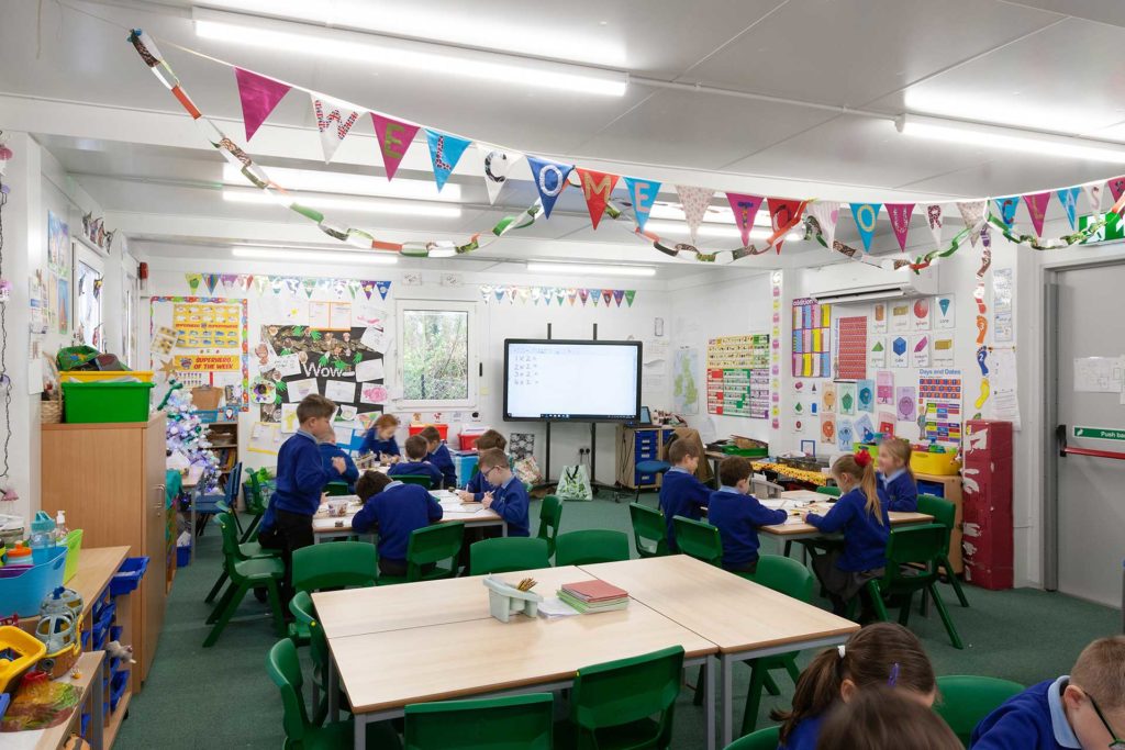 Inside of a modular classroom building