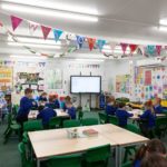 Inside of a modular classroom building