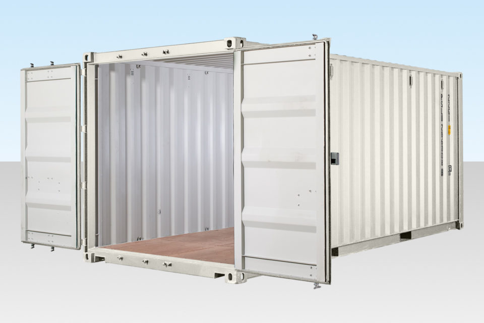 Profile view of white shipping container RAL 9003
