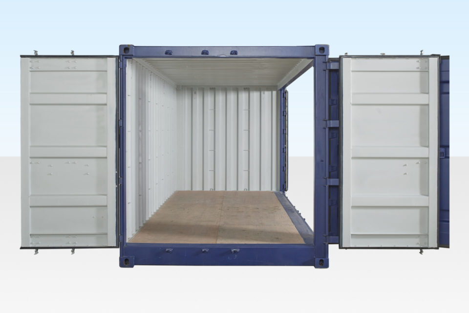 Hire container with opening doors front and side