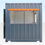 End view of container cafe with serving hatch and door open