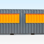 Profile view of container cafe with hatches closed