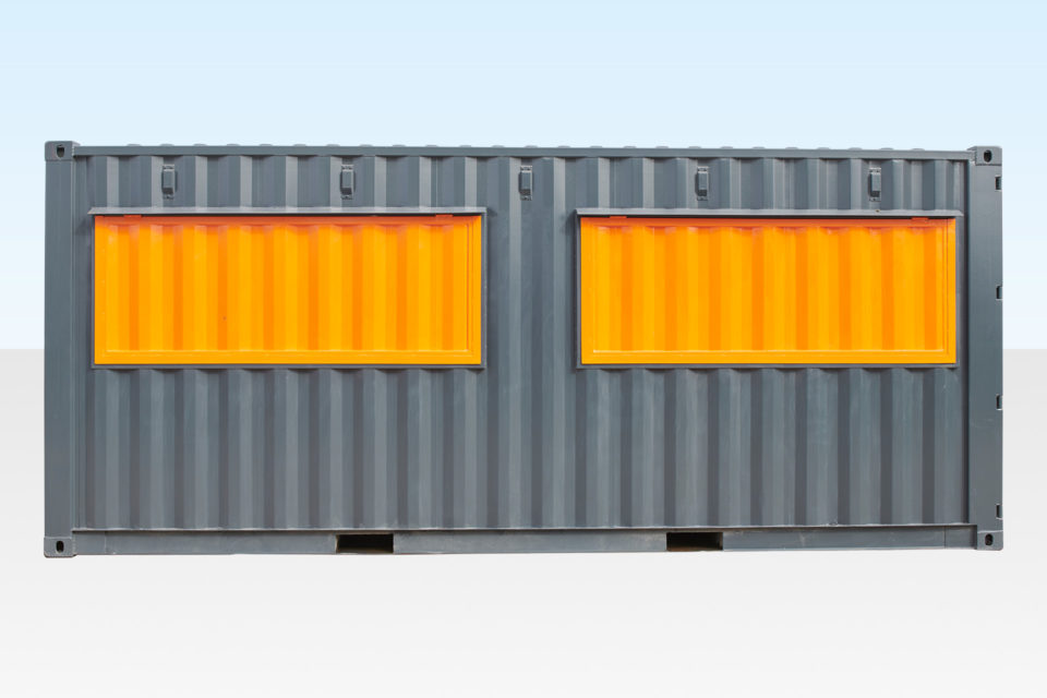 Profile view of container cafe with hatches closed