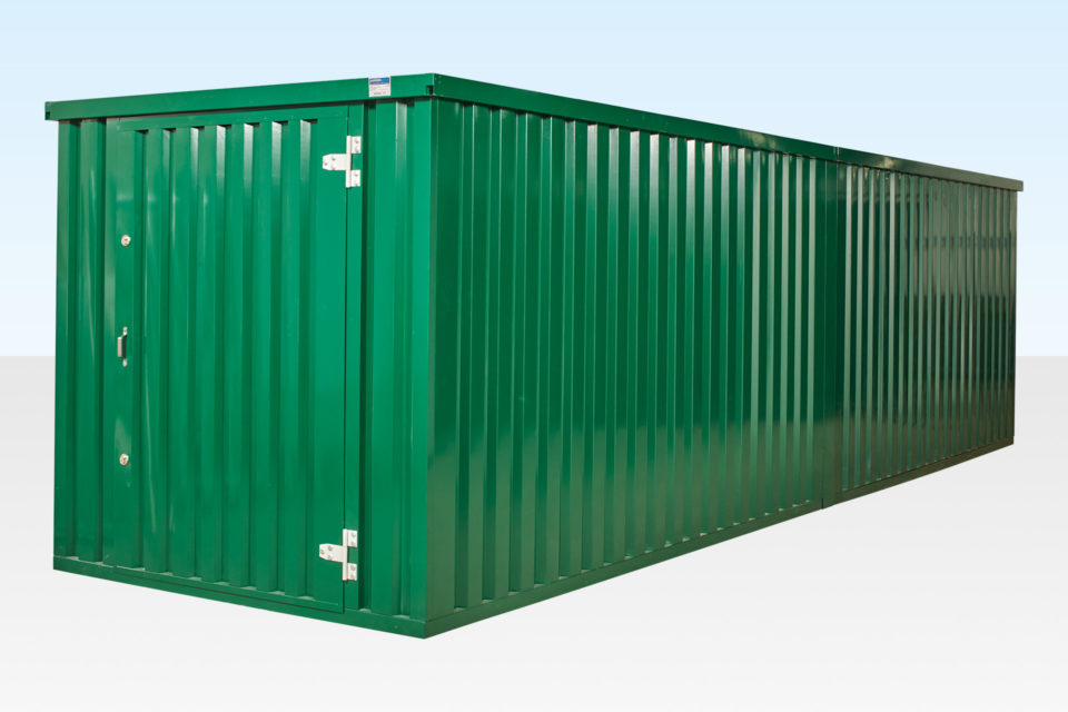Exterior angle view powder coated flatpack containers linked end on end