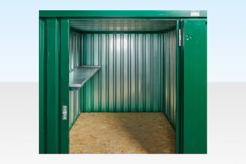 2m flatpack container with shelving on single side