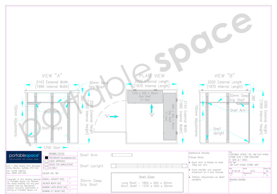 Layout Drawing 2m flat pack store shelving side & rear