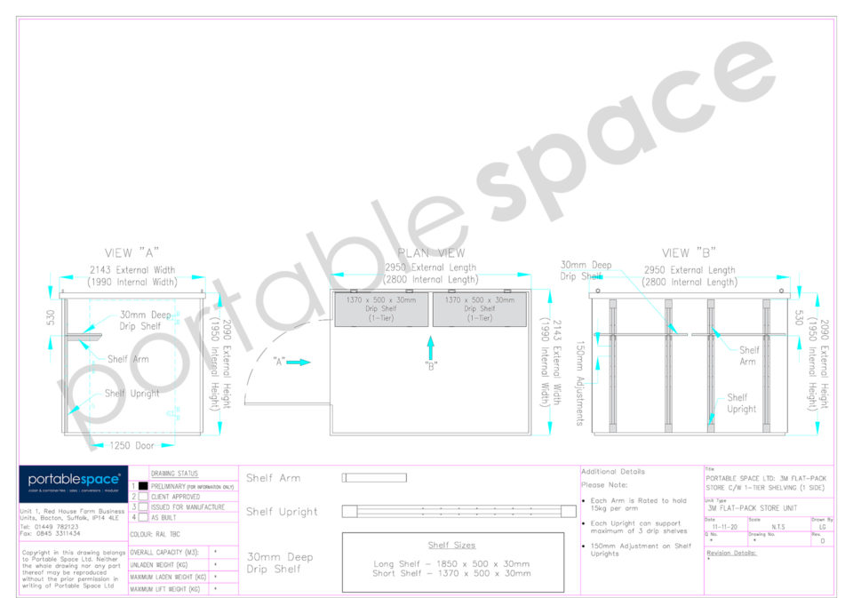 Diagram shelving on one side of 3m flat pack store