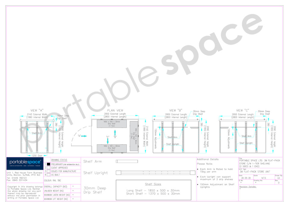 Diagram - Shelving both sides & rear of 3m flat pack container