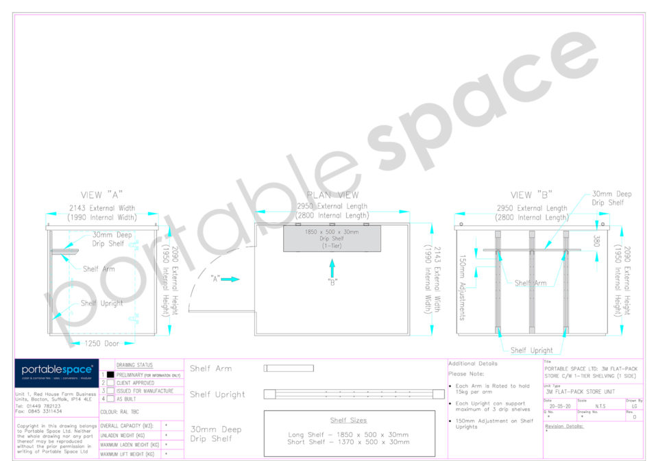 Drawing - shelving on one side of 3m flat pack container