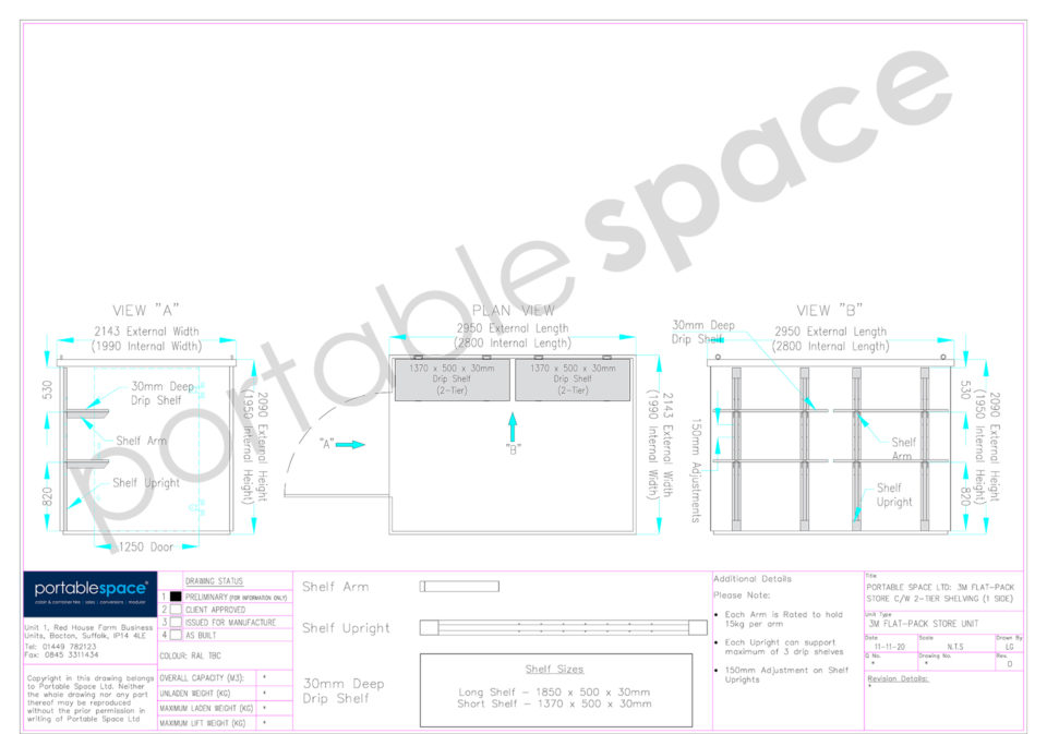 Diagram - two-tier shelving one side of 3m flat pack store