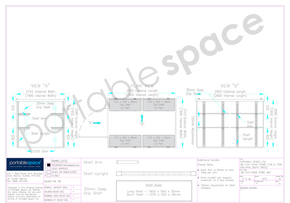 Diagram - shelving both sides of 3m store (two-tier)