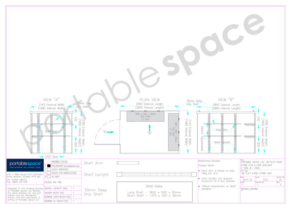 Diagram of 3m flat pack shelving - side & rear two-tier