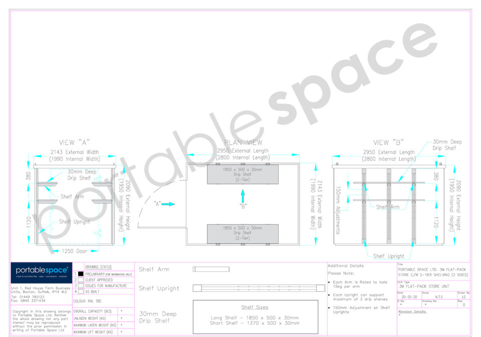 Diagram two-tier shelving on both sides of 3m container