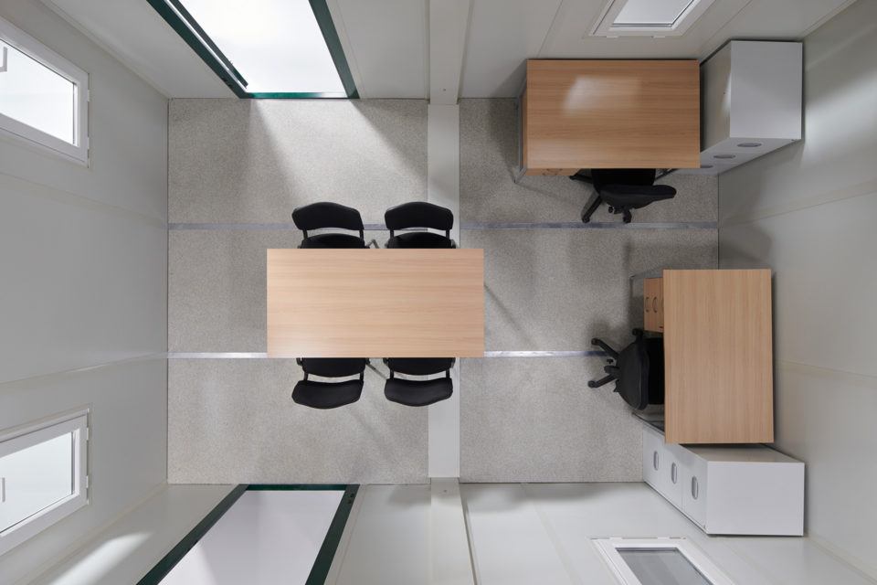 Office configuration in a 3m linked flat pack office building