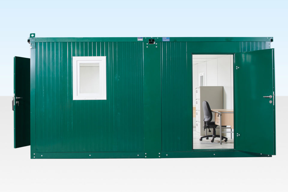 External side view of large flat pack office